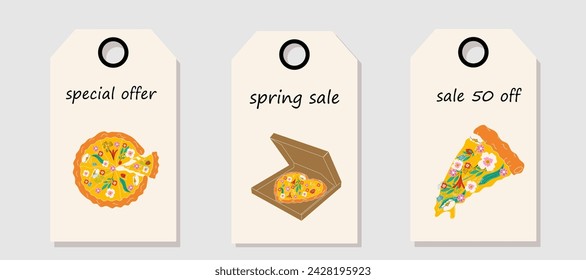 Vector set of discount price tags. Labels with Pizza with different flowers. Spring pizza. Spring sale.