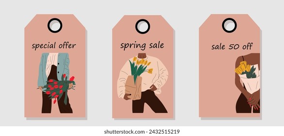 Conjunto de etiquetas de precio de descuento. Etiquetas con Mujer desnuda con flores creciendo desde el pecho. Venta de primavera.