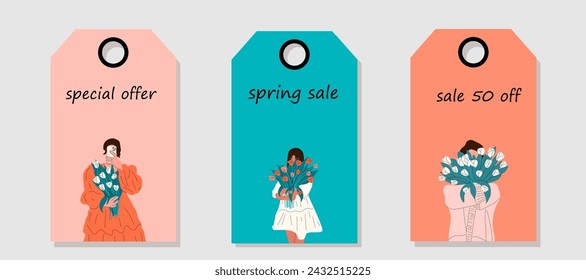 Conjunto de etiquetas de precio de descuento. Etiquetas con Mujer desnuda con flores creciendo desde el pecho. Venta de primavera.