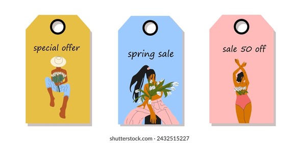 Vector set of discount price tags. Labels with  Nude woman with flowers growing from chest. Spring sale.