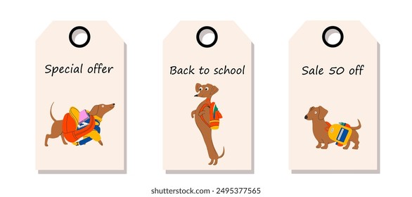 Vector set of discount price tags. Labels with Dachshund dog ready for school with school stationery. Sale.