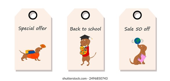 Vector set of discount price tags. Labels with Dachshund dog ready for school with school stationery. Sale.