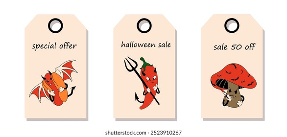 Vector set of discount price tags. Labels with cute, happy, funny hot dog, pepper devil and mushroom with a knife cartoon mascot character. Halloween sale.