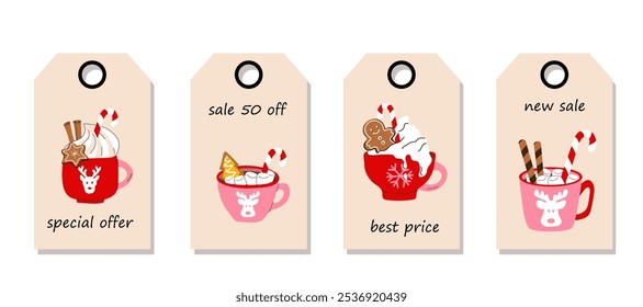 Vector set of discount price tags. Labels with cute holiday mug with a flat cartoon style, featuring a Christmas hot drink. Template for shopping tags. Christmas sale.	