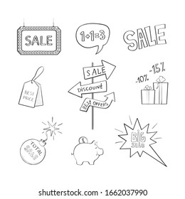 Vector set of discount sketches. Isolated drawings on white background