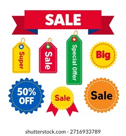 Conjunto vetorial de etiquetas de desconto e adesivos em estilo minimalista plano. Para lojas de roupas, lojas on-line, vendas, banners promocionais, materiais de marketing e design de e-commerce. 