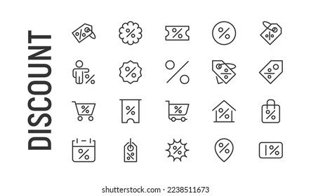 Vector set of discount thin line icons. Design of 20 stroke pictograms. Signs of discount isolated on a white background.
