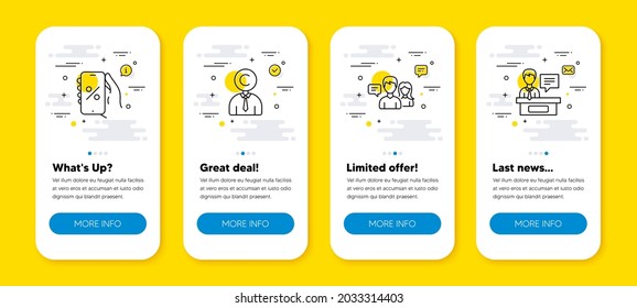 Vector set of Discounts app, Copyrighter and People talking line icons set. UI phone app screens with line icons. Exhibitors icon. Phone sale, Writer person, Contact service. Information desk. Vector