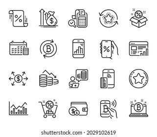 Vector set of Discounts app, Loyalty points and Bitcoin line icons set. Dollar exchange, Sale and Budget accounting icons. Contactless payment, Money loss and Loyalty star signs. Vector