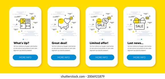 Vector set of Discounts bubble, Heart and Puzzle game line icons set. UI phone app screens with line icons. Sale offer icon. Sale message, Love chat, Jigsaw combination. Gift box. Vector