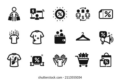 Vector set of Discounts offer, Discounts ribbon and Buyer icons simple set. T-shirt design, Discount banner and Buying process icons. Wallet money, Clean t-shirt and Shopping rating signs. Vector