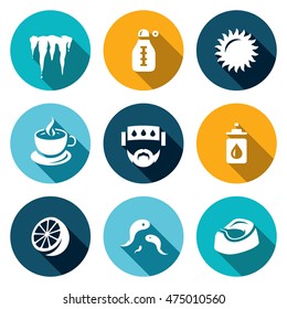 Vector Set of Disease Icons. Cooling, Temperature, Heat, Medicine, Headache, Nasal drop, Lemon, Leeches, Diarrhea.