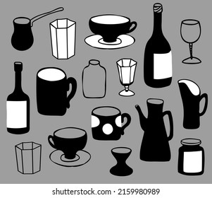 Vector set of dishes drawn in doodle style. Minimalistic decanter, teapot, cup, vintage glasses, wine glasses, shot glass, bottle of wine. Doodle, monochrome, stylized in black and white.