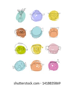 Vector set with dishes, kitchen utensils, kitchenware, cooking utensils with watercolor backgrounds