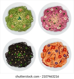 Vector set of dishes with long multicolored pasta with herbs, cheese, nuts, mushrooms, olives, tomatoes, parsley in white plates. Green, pink, black, yellow tangled spaghetti. Top view portion.