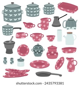 Vector set of dishes, plates and bonfires, cups and teapots.