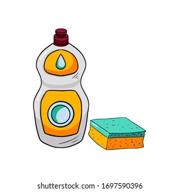 Vector set of dishwashing liquid and sponges. Hand-drawn kitchen item in sketches style isolated on white background.