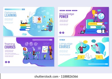 Vector set of distance education, consulting, training, language courses. Modern illustration for website and mobile website development cards. Web page design templates