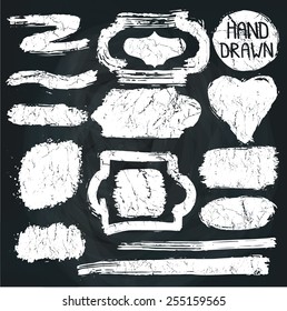 Vector Set of Distressed ,textured Stamps on Chalkboard background.Abstract grunge  badges,frame,lines,spot,stroke.Vintage hand drawing chalk style.