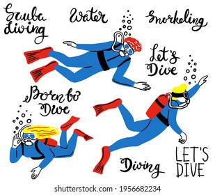 Vector set of divers. Diving, snorkeling, scuba diving. Girl, guy, swim deep underwater. Lettering Hand drawing. doodle