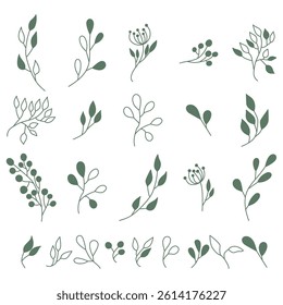 Vector set of diverse botanical elements. Collection of hand-drawn leaves, branches, and berries in green. Varied shapes and styles for natural designs. Floral vector illustration pack.