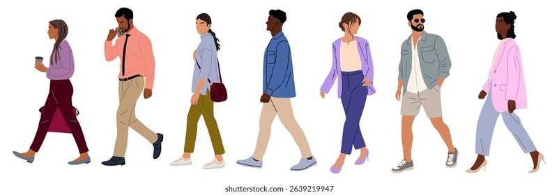 Vector set of diverse business people in smart casual summer outfits, including African American men and women, walking side view. Professional characters isolated on white background.
