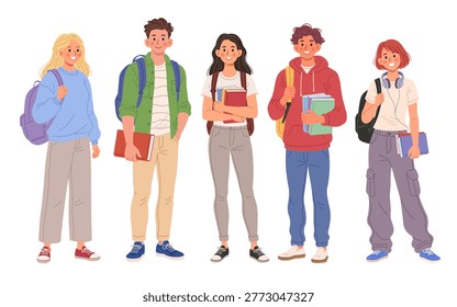 Vector set of diverse college or high school students. Young men and women with backpacks and books in flat character design
