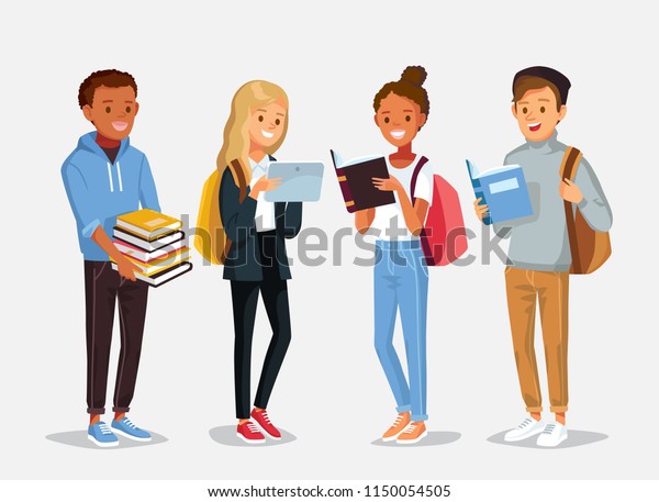 Vector set of diverse college or university students holding and reading books. Students different nationalities from different countries standing in line.  Vector illustration. Flat design