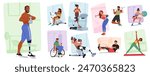 Vector Set of Diverse Disabled Characters Actively Participating In Various Gym Exercises And Fitness Routines, From Wheelchair Users Lifting Weights To Amputees Practicing Yoga And Using Treadmills