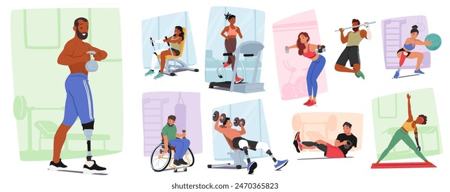 Vector Set of Diverse Disabled Characters Actively Participating In Various Gym Exercises And Fitness Routines, From Wheelchair Users Lifting Weights To Amputees Practicing Yoga And Using Treadmills