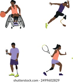 Vector Conjunto De Diversos Personajes Discapacitados Que Participan Activamente En Diversos Ejercicios De Gimnasio, Desde Usuarios De Silla De Ruedas Que Levantan Pesas Hasta Amputados. Jugar al tenis, baloncesto, levantar una pesada mancuerna, correr