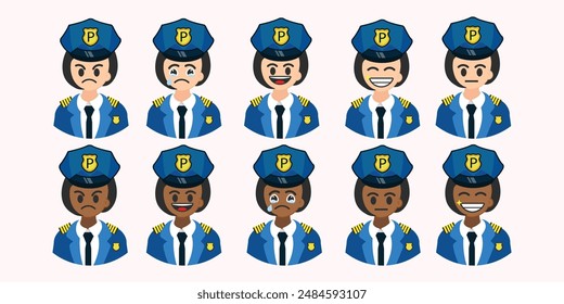 Vector Set of Diverse Female Police Officer Emoticons
