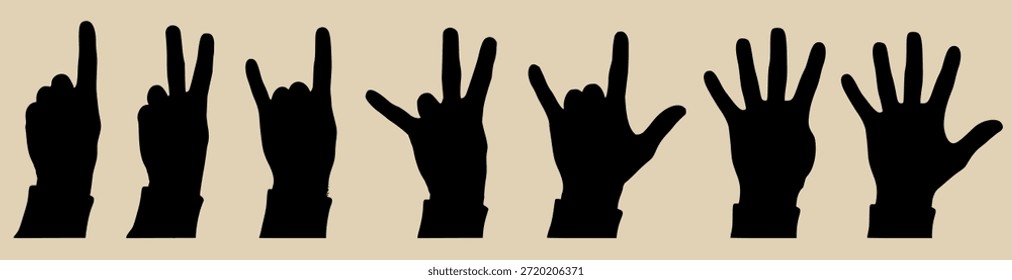 Conjunto de Vectores de diversos gestos de la mano: contando de uno a cinco (1-5), con diferentes gestos, signo de paz, símbolo "rock on" y signo "Te amo". Siluetas negras aisladas.
