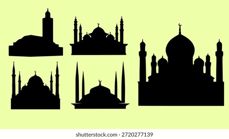 Vector set of diverse Islamic mosque silhouettes with domes and minarets; ideal for religious designs, Ramadan, Eid, and architectural projects.