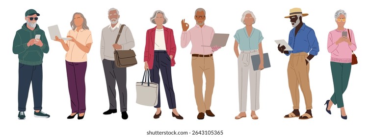 Vector set of diverse modern senior people in smart casual clothes, using phone, tablet, and laptop. Includes African American men and women. Isolated on white background