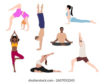 Vector set of diverse multicultural people practicing yoga positions. 