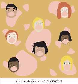Vector set of diverse people blowing bubblegum with a mustard background.