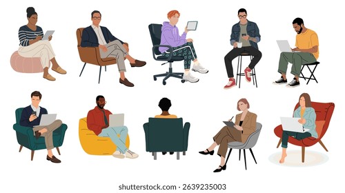 Vector set of diverse people in smart casual outfits sitting on chairs, armchairs, stools, working on laptops, tablets, or smartphones. Isolated on white background