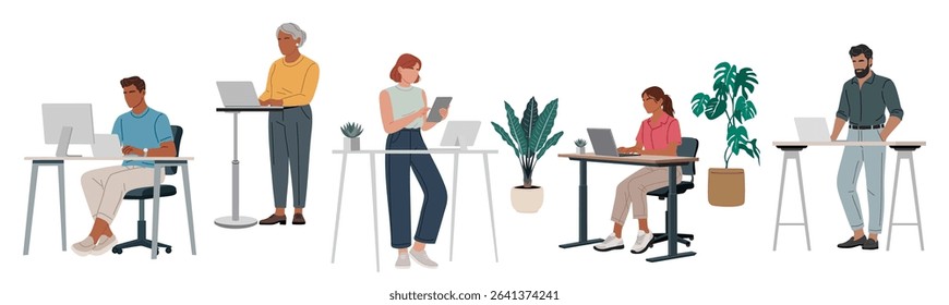 Vector set of diverse people in smart casual outfits working with laptop, computer, or tablet, standing or sitting at desks. Ideal for business, teamwork, and coworking illustrations