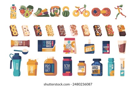 Conjunto De Vector De Una Diversidad De Artículos De Nutrición Deportiva Que Incluyen Barras De Proteínas, Suplementos, Aperitivos, Bebidas, Botellas De Agua