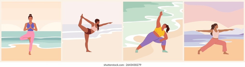 Vector set of diverse women, including African American, Black, Asian, and plus size girls practicing yoga poses on a sea beach. Body positive, wellness, and fitness concept.