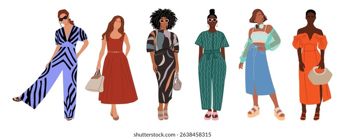 Vector set of diverse women in trendy summer street fashion, dresses, skirts, jumpsuits. Full length characters standing, isolated on white background. Stylish and inclusive design