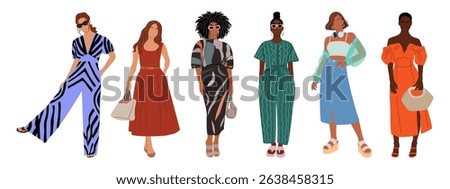 Vector set of diverse women in trendy summer street fashion, dresses, skirts, jumpsuits. Full length characters standing, isolated on white background. Stylish and inclusive design