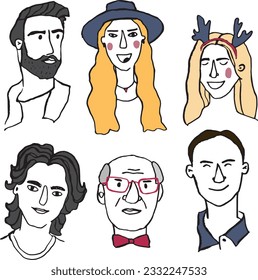 Vector set of diversity group of young boys, men, girls, women, transgender people. Cartoon people avatars in flat style. Vector illustration for design, print, fabric or background.