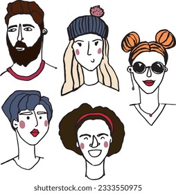 Vector set of diversity group of young boys, men, women, girls, transgender people. Cartoon people avatars in flat style. Vector illustration for design, print, fabric or background.