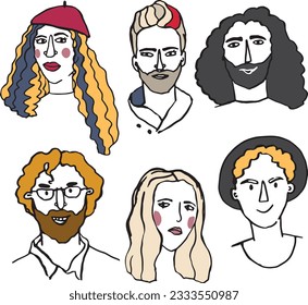 Vector set of diversity group of young boys, women, men, girls, transgender people. Cartoon people avatars in flat style. Vector illustration for design, print, fabric or background.
