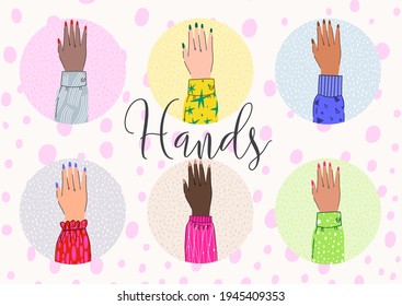 Vector set of diversity  hands illustrations in different ornamental shirt sleeves. Girl Power Illustrations.