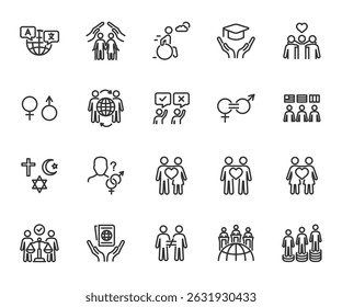 Conjunto vetorial de ícones de linha de diversidade. Contém ícones de tolerância, igualdade de gênero, religião, língua, direitos humanos, multicultural, nacionalidade, identidade de gênero, desigualdade e muito mais. Pixel perfeito.