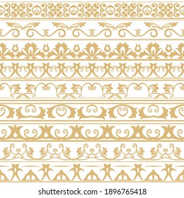 Vector set of dividers. Vintage ornament. Golden borders for the text and execution of various pages and documents. Design elements. Vector graphics.