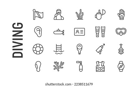 Vector set of diving thin line icons. Design of 20 stroke pictograms. Signs of diving isolated on a white background.